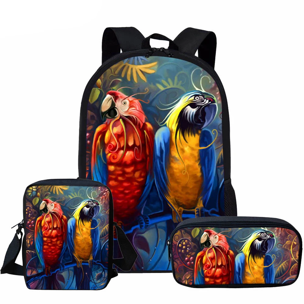 Colorful Parrot Printing Kids Girls Large Capacity Backpack 3PCS Women Bird Pattern Travel Backbag Sets Teenager School Bags