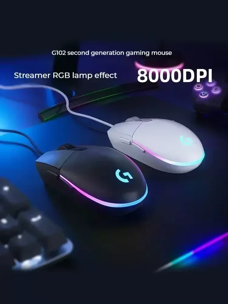 لوجيتك G102 ماوس ألعاب سلكي مريح ماوس بصري 8000 ديسيبل متوحد الخواص LED تخصيص 6 أزرار لملحقات ألعاب الكمبيوتر