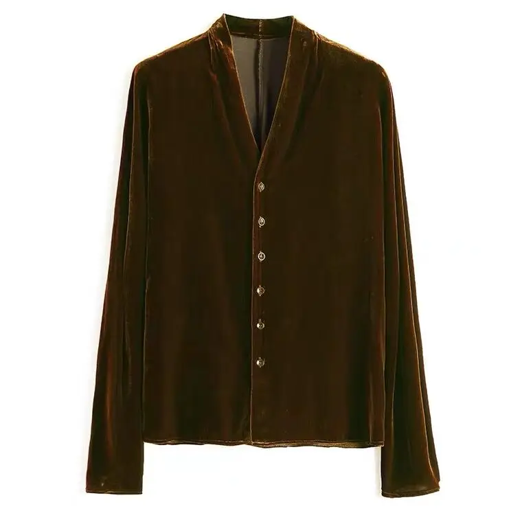 2026 Spring Autumn Golden Velvet Long Sleeve Plus size V-neck Button Cardigan Women Vintage Elegant Blouse Fashion velour Shirt