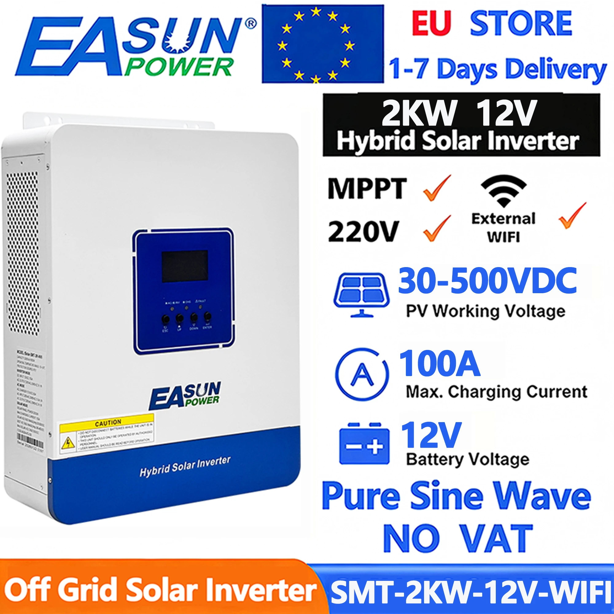 Convertisseur solaire hybride EASUN 2KW 12V 220VAC avec contrôleur solaire MPPT 100A intégré, onduleur hors réseau à onde sinusoïdale pure avec WIFI