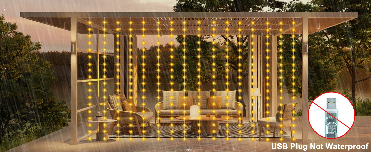 Curtain Fairy Light Waterfall 3x3m 280 LEDs Window Light 5V USB Waterproof Outdoor String Light for Christmas Patio Wall Decor