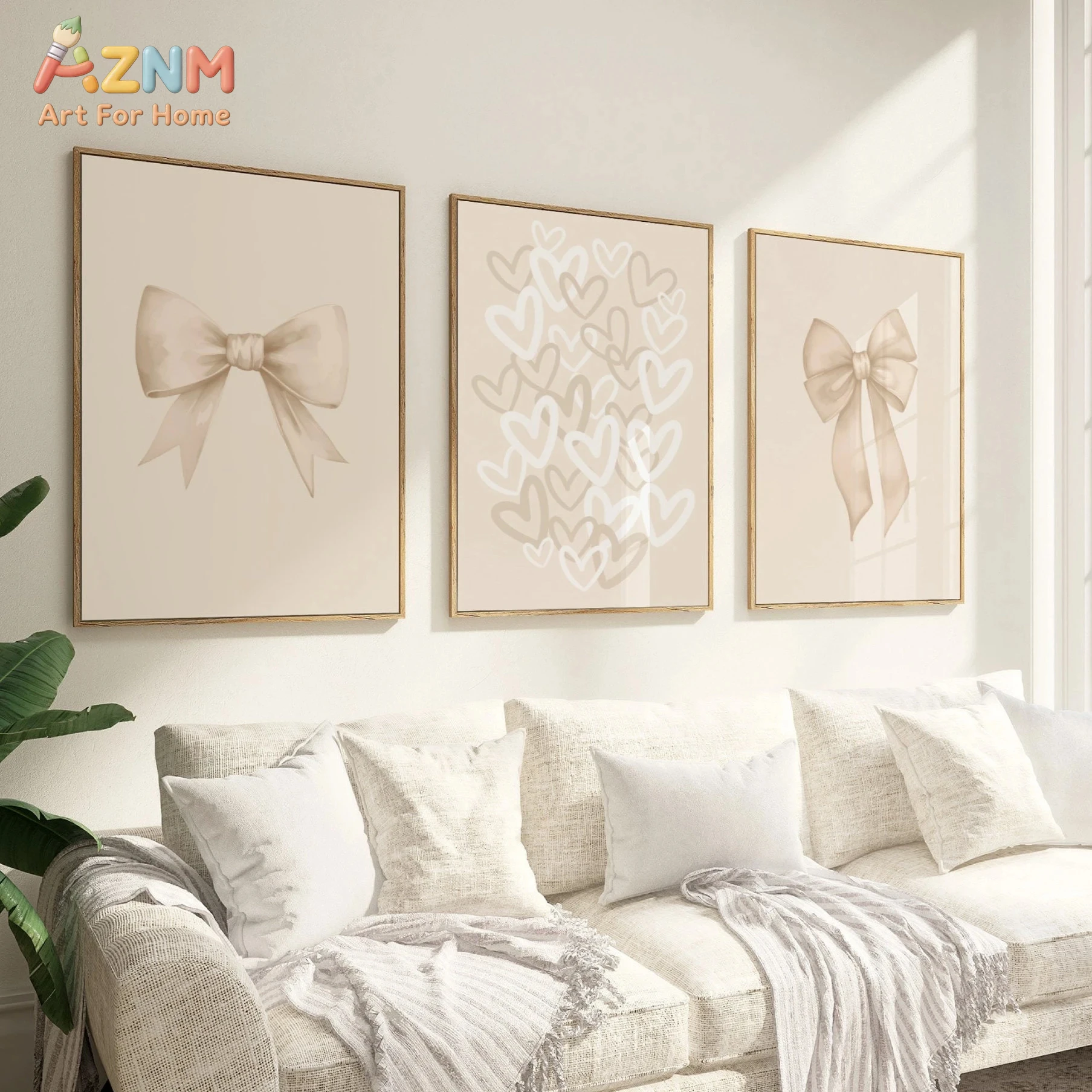 3PCS Beige Bow and Hearts Canvas Wall Art, Neutral Minimalist Print Posters, No Frame Home Decor Paintings for Nursery Girls Bed