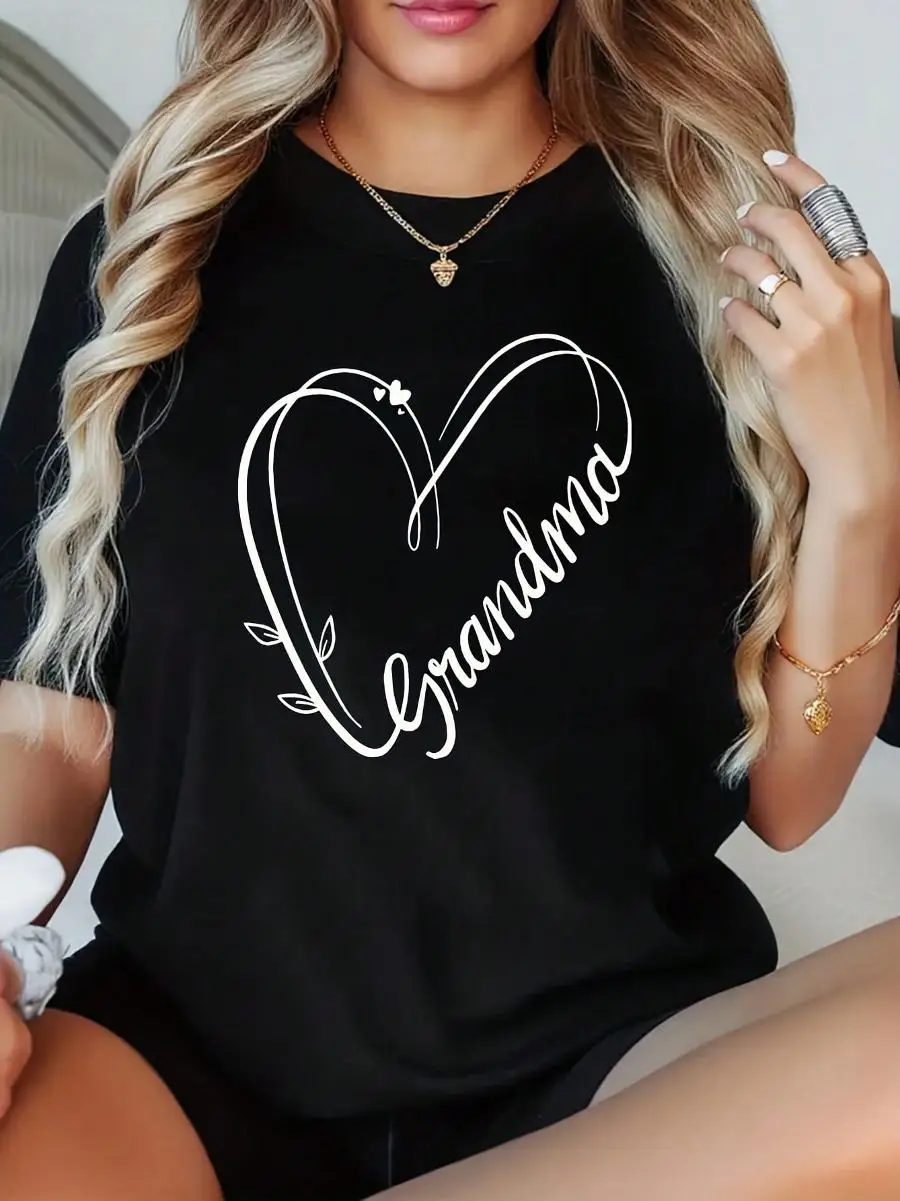 1 Pcs Women s With Heart Grandma Lettering Print Plus Size T-Shirt Funny Oversized Graphic Short Sleeve Tee Novelty 100% Polyester Shirt Casual C