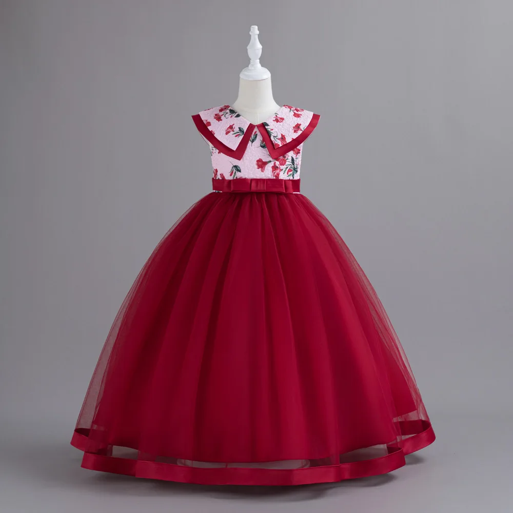 

Kid Floral Printed Dress Contrast Trim Bow Accented Waist Full Tulle Gown Children Skirt Satin Edged Hem Children Girl Dress