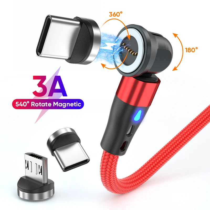 3A Fast Charge Magnetic Cable 540 Degree Rotating USB Type C Micro USB Charging Data Sync Wire for Samsung Huawei Xiaomi Android