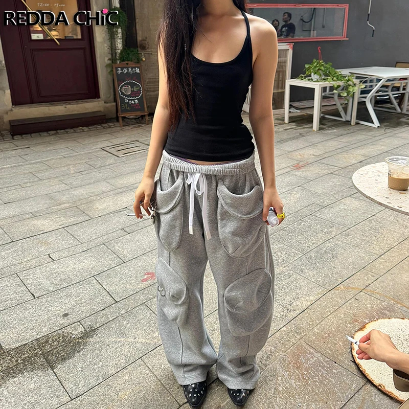 ReddaChic Women Cargo Pockets Lounge Pants Metal Concho Wide Leg Solid Drawstring Wasit Sweatpants Sporty Running Streetwear