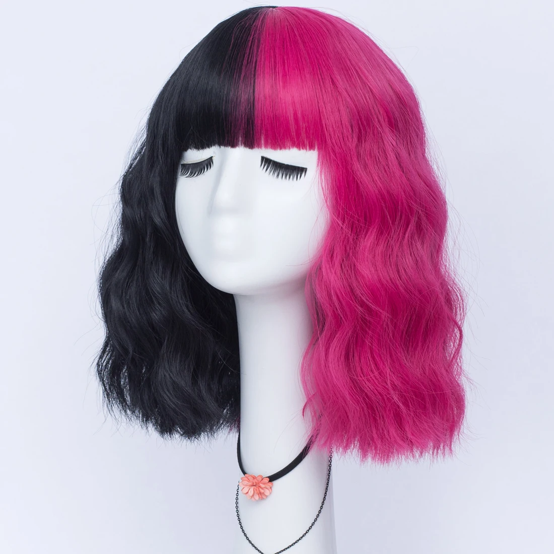 Synthetic Short Curly Black and Rose Red Double Spell Color Wigs with Bangs For Women Cosplay Lolita Christmas Party Fake Hair