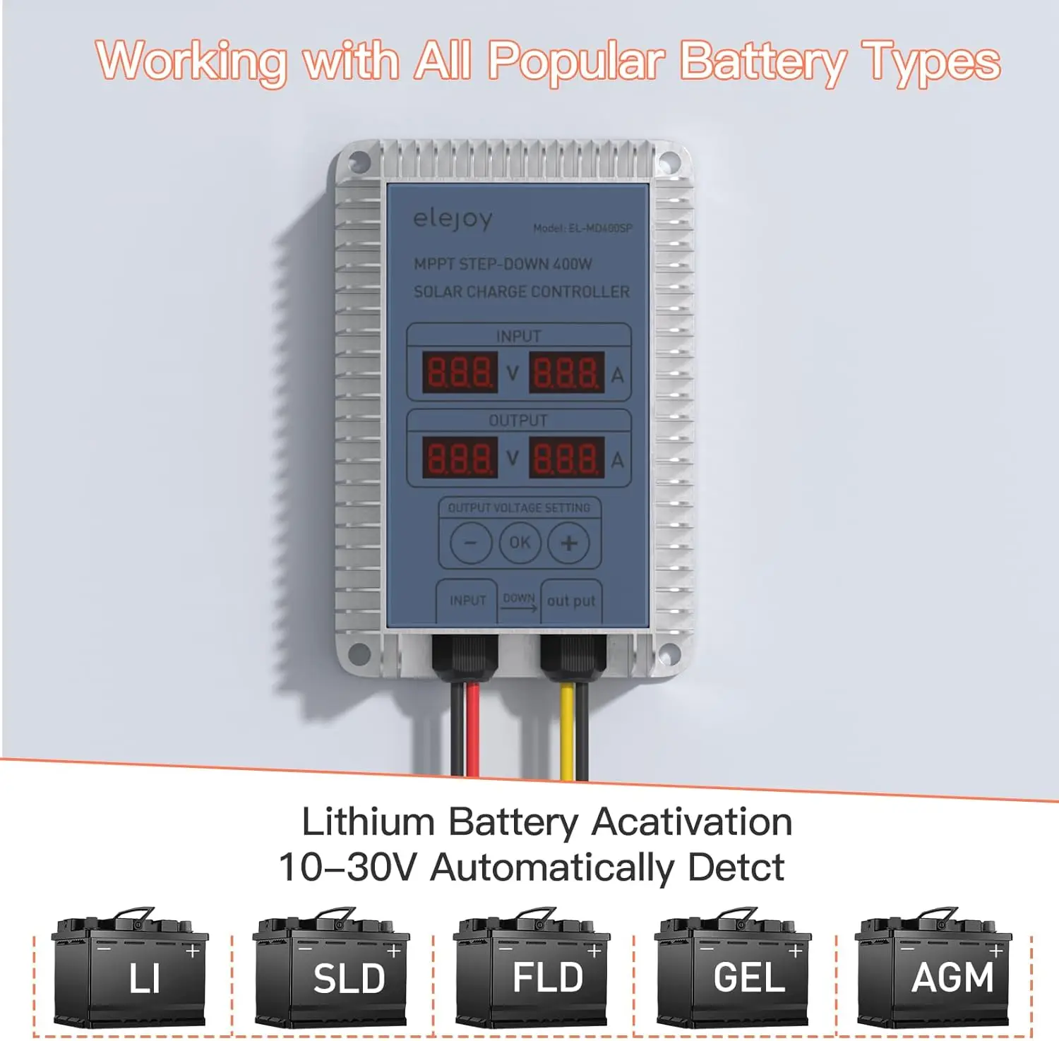 25 Amp 400W MPPT Step-Down Solar Charge Controller 99% Adjustable Output Lithium LiFePO4 Lead-Acid Gel Sealed Flooded Battery