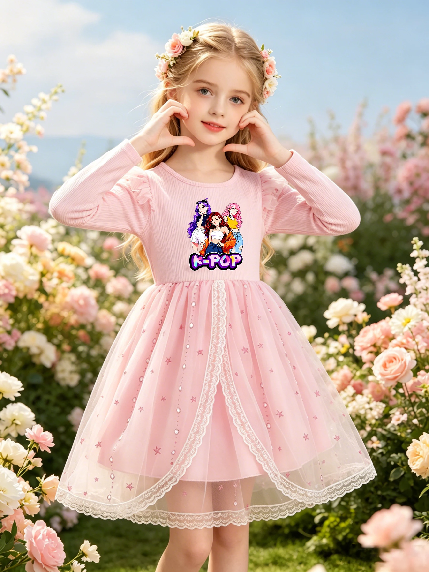 Mädchen-Prinzessinnenkleid im K-Pop-Stil mit Cartoon-Print: Rosa geripptes Langarm-Oberteil, kombiniert mit einem Tüllrock mit Sternen-Pailletten – ein Kleid, das… – Detail 3