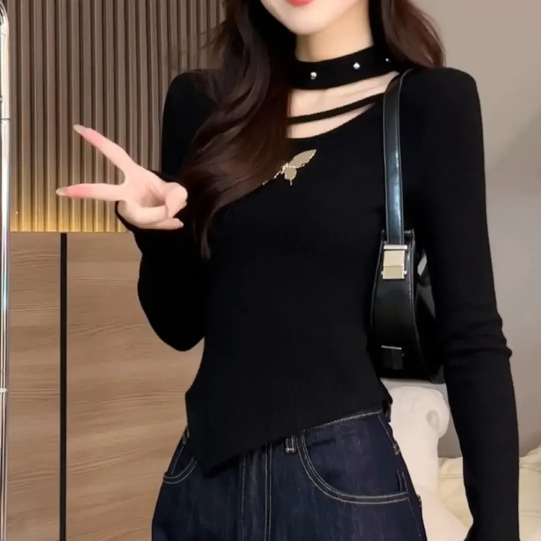 تي شيرت أساسي غير منتظم بأكمام طويلة للنساء، تصميم نحيف وكبير الحجم، عطر صغير على الطراز الفرنسي للنساء #4