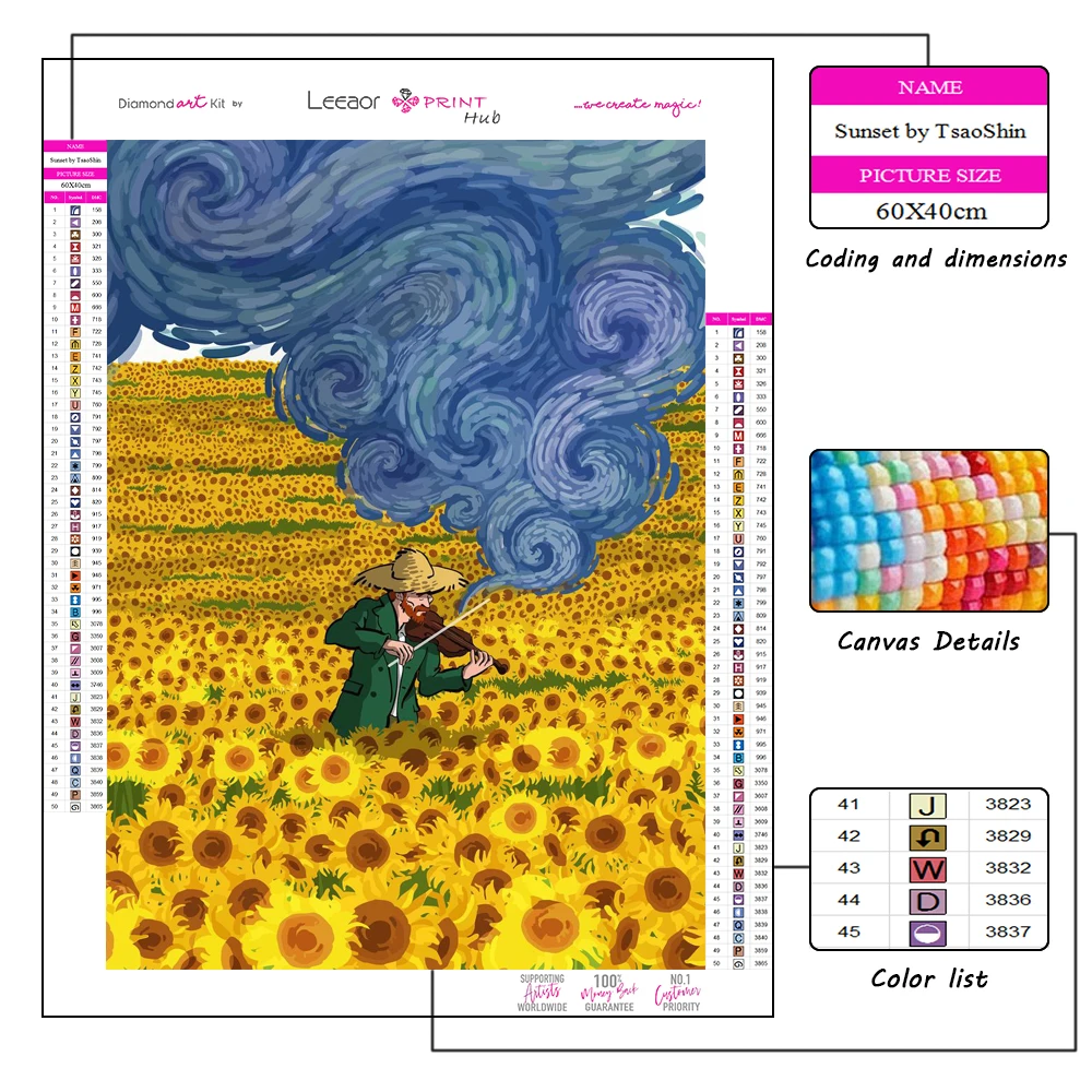 Van Gogh Oil Painting 5D Diamond Painting Violinist In Sunflower Field Mosaic Embroidery DIY Cross Stitch Kits Home Decor Gift