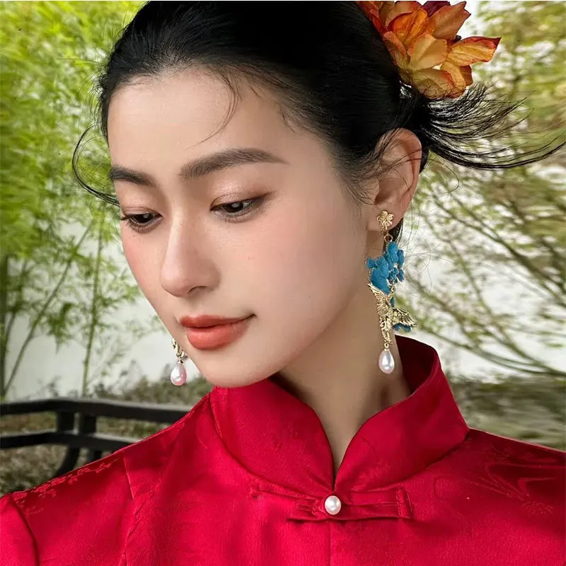 Hook Earrings for Women Chinese Style Cloisonné Enamel Flower Micro Inlaid Double Happiness Phoenix Pearl Party HanFu Gift