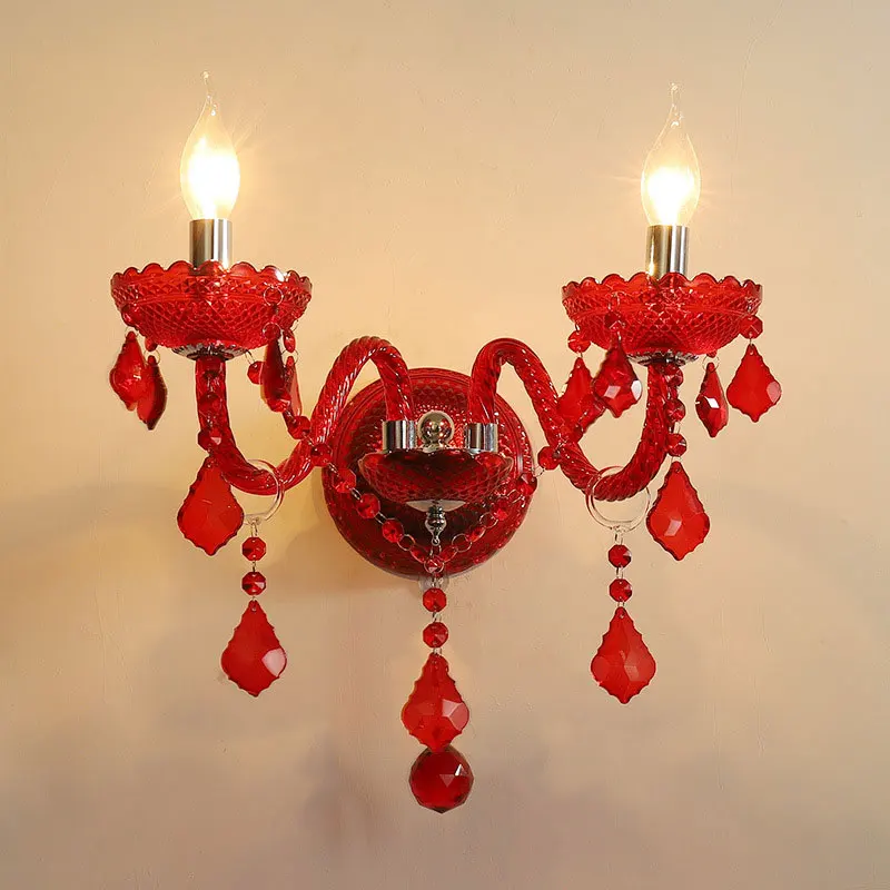 European-Style Crystal Chandelier For Living Room Red Wedding-Themed Wall Sconce Bedroom Headboard Lamp Hotel Hallway Wall Light