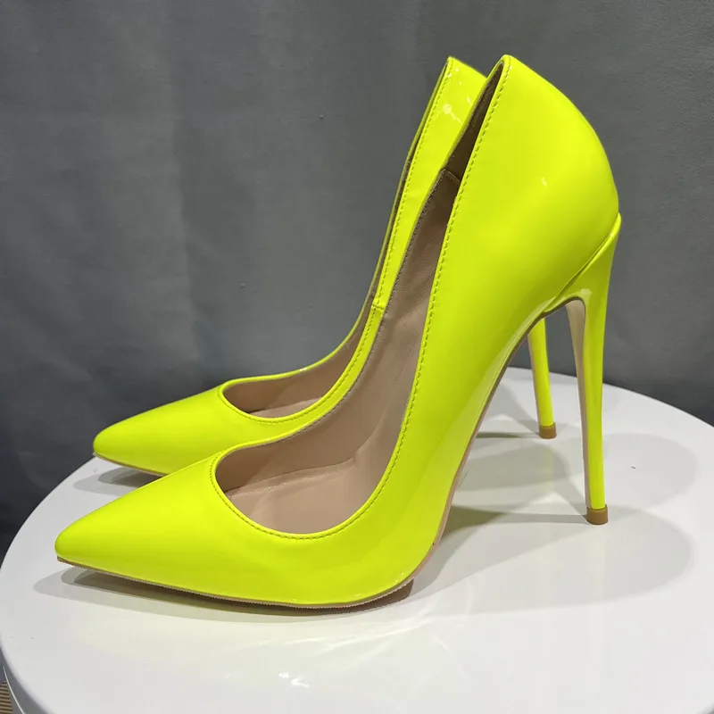 Tikicup Lemon Green Patent Elegant Women Pointy Toe High Heels Slip On Stilettos Elegant Chic Stiletto Pumps Customize 12cm 10cm