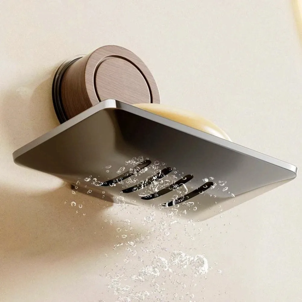 

Walnut Style Wall Mounted Soap Box Self-draining Suction Cup Soap Holder Carbon Steel Plastic Base Drying Rack Toilet