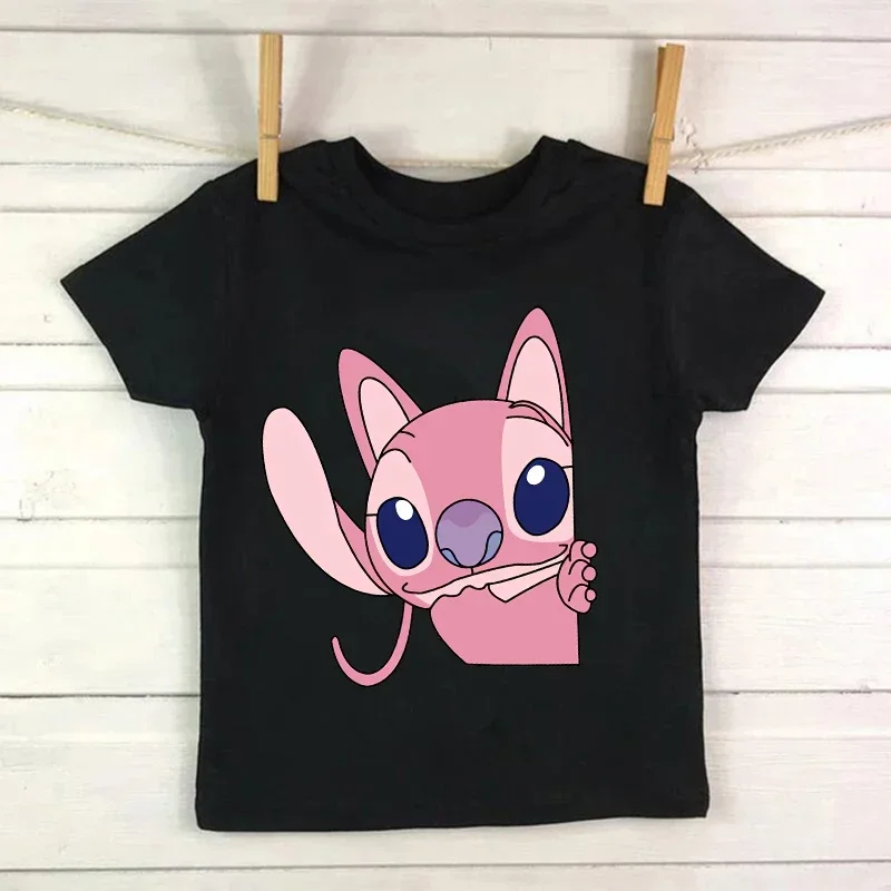 Camiseta infantil fofa de desenho animado, costura, camiseta infantil can o stitch, camiseta com padrão de anime, tops para meninas e meninos 2024 novo