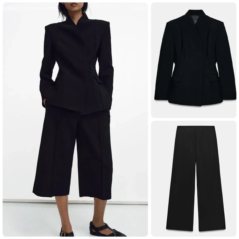 

2026 New Women High End Waist Cinched Suit Stand Collar Top High Waisted Wide Leg Pants Women Suit