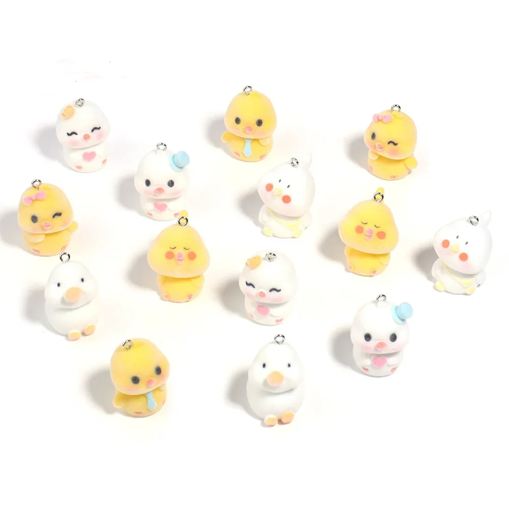 20Pcs 3D Cute Flocked Duck Charms Cartoon Animal Plush Doll Resin Pendant For Phone Keychains Necklace Earrings Diy Jewelry Make