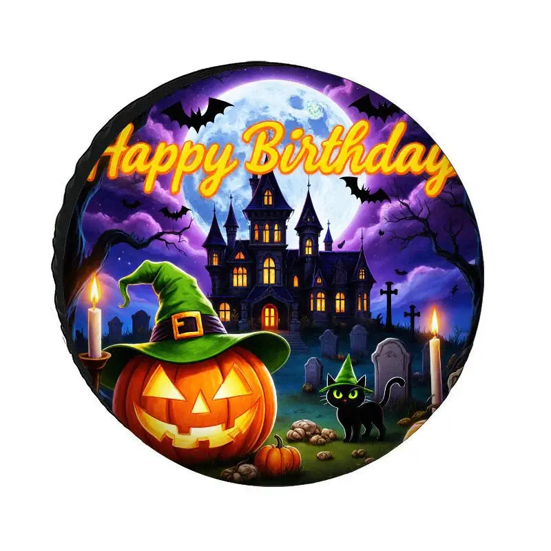 Halloween-Themed Tire Covers Featuring Witches, Jack-O'-Lanterns, Black Cats, And Castles Under A Moonlit Sky, Made Of Polyester