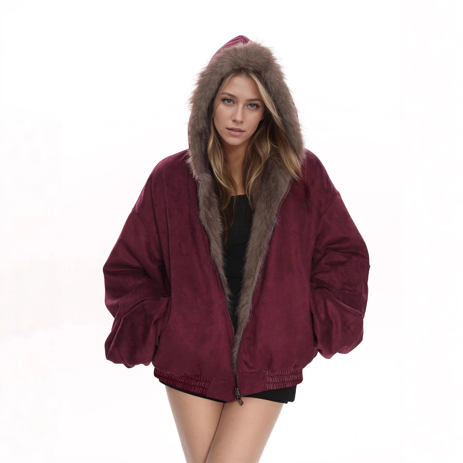 Women's Burgundy Hooded Fleece-Lined Loose Jacket Warm Casual Winter Outerwear 2026