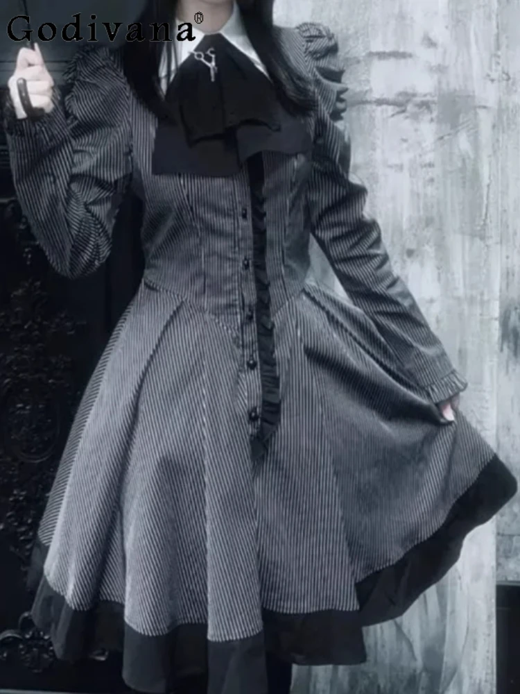 

Vintage Dark Goth Striped Sweet Lace Japanese Dress Fashion Versatile New Cute Girl High Waist A-line Lolita Long Sleeve Dresses