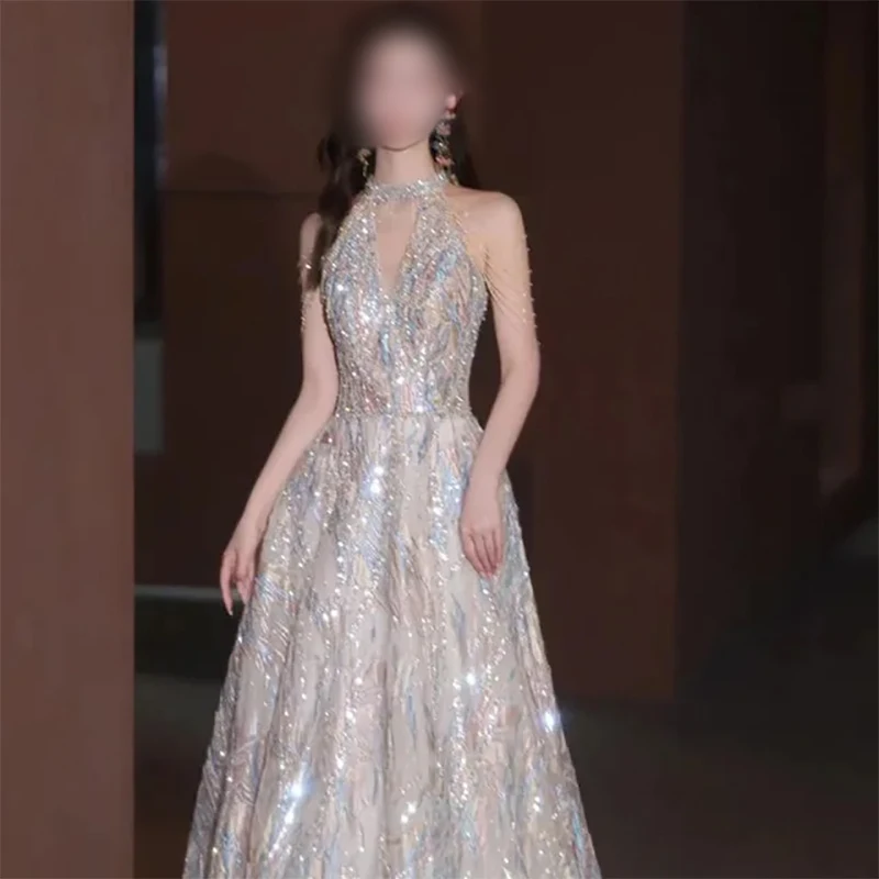 Robe de Soirée de Forme Trapèze avec Perles, Tenue Luxueuse et Brillante à Col Licou, Vêtement de Cérémonie pour Occasions