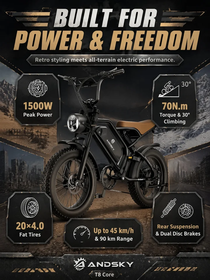 ANDSKY T8 Core 1500W Electric Bike 7-Speed Off-Road Ebike 20" X 4" All-Terrain Fat Tires 28MPH 60 Miles Long Range 48V 16Ah Battery Electric Mountain Bicycle image 5