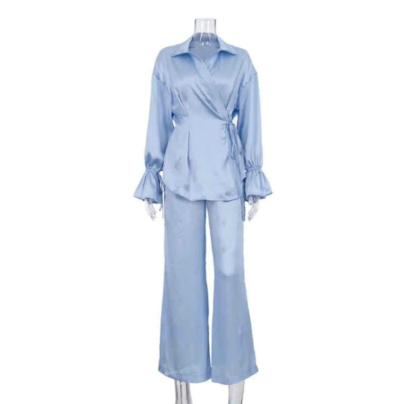 LIinar 2026 Fall New Collared Flared-Sleeve Tie-Front Top Wide-Leg Pants Two-Piece Set Fashionable Casual Outfit for Women