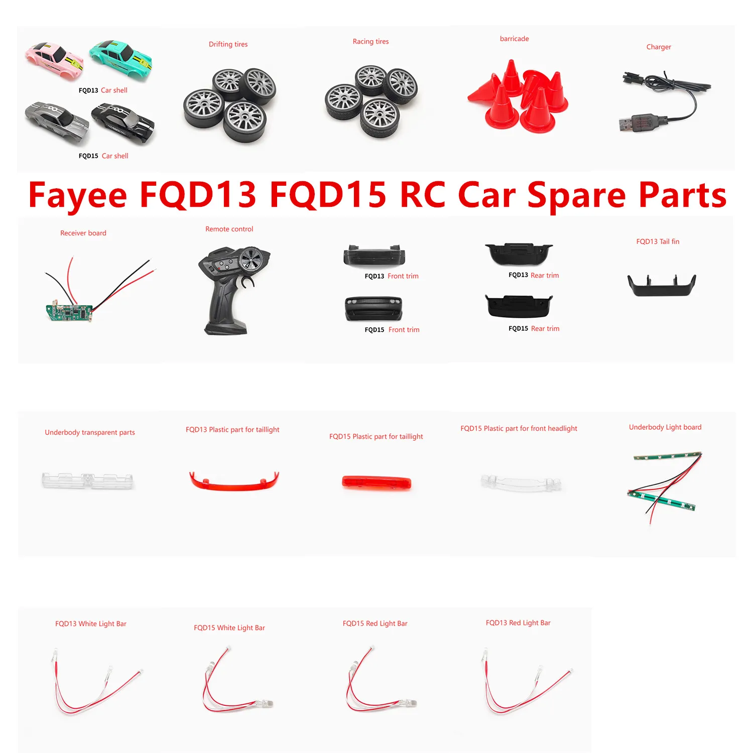 Fayee FQD13 FQD15 1/20 RC Car Spare Parts Car Shell Tire Receiver board Remote control Charger Light Trim