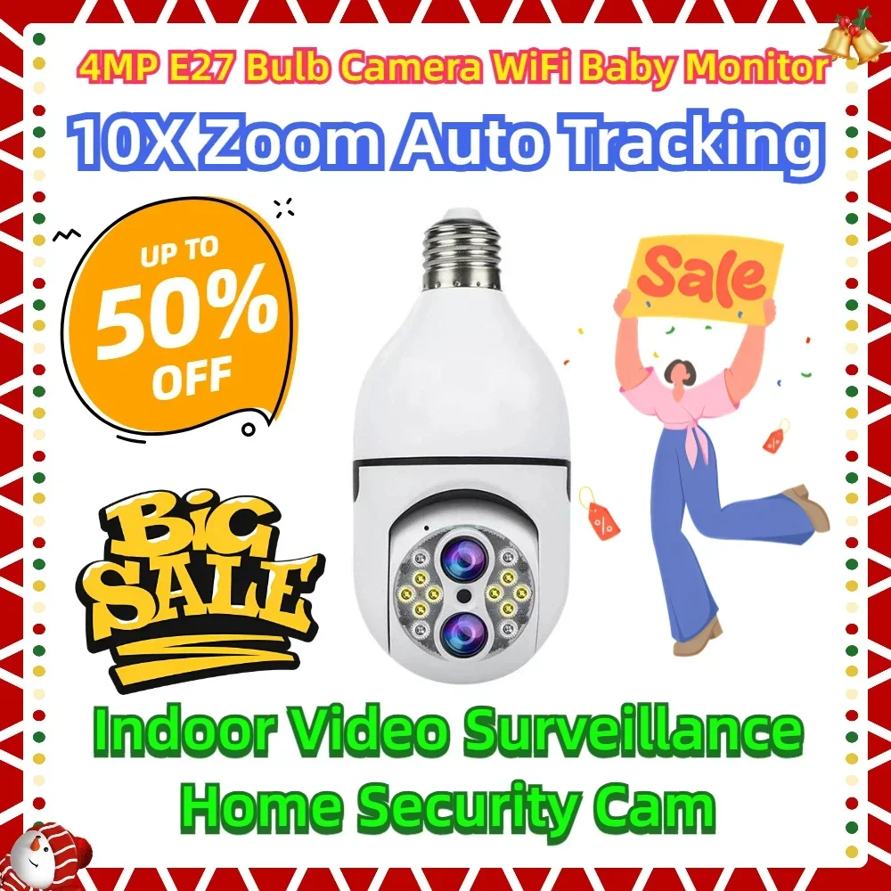 

10X Zoom Auto Tracking Indoor Video Surveillance Home Security Cam Floodlight Carecam 4MP E27 Bulb Camera WiFi Baby Monitor