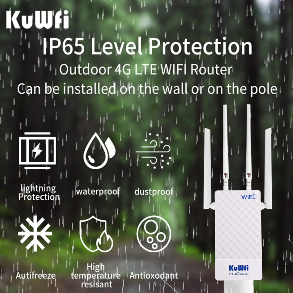 KuWFi 300Mbps Wifi Router 4G Outdoor Wireless Wifi Hotspot With 4 Antennas With SIM Card Slot Supply 10 Users For IP Camera