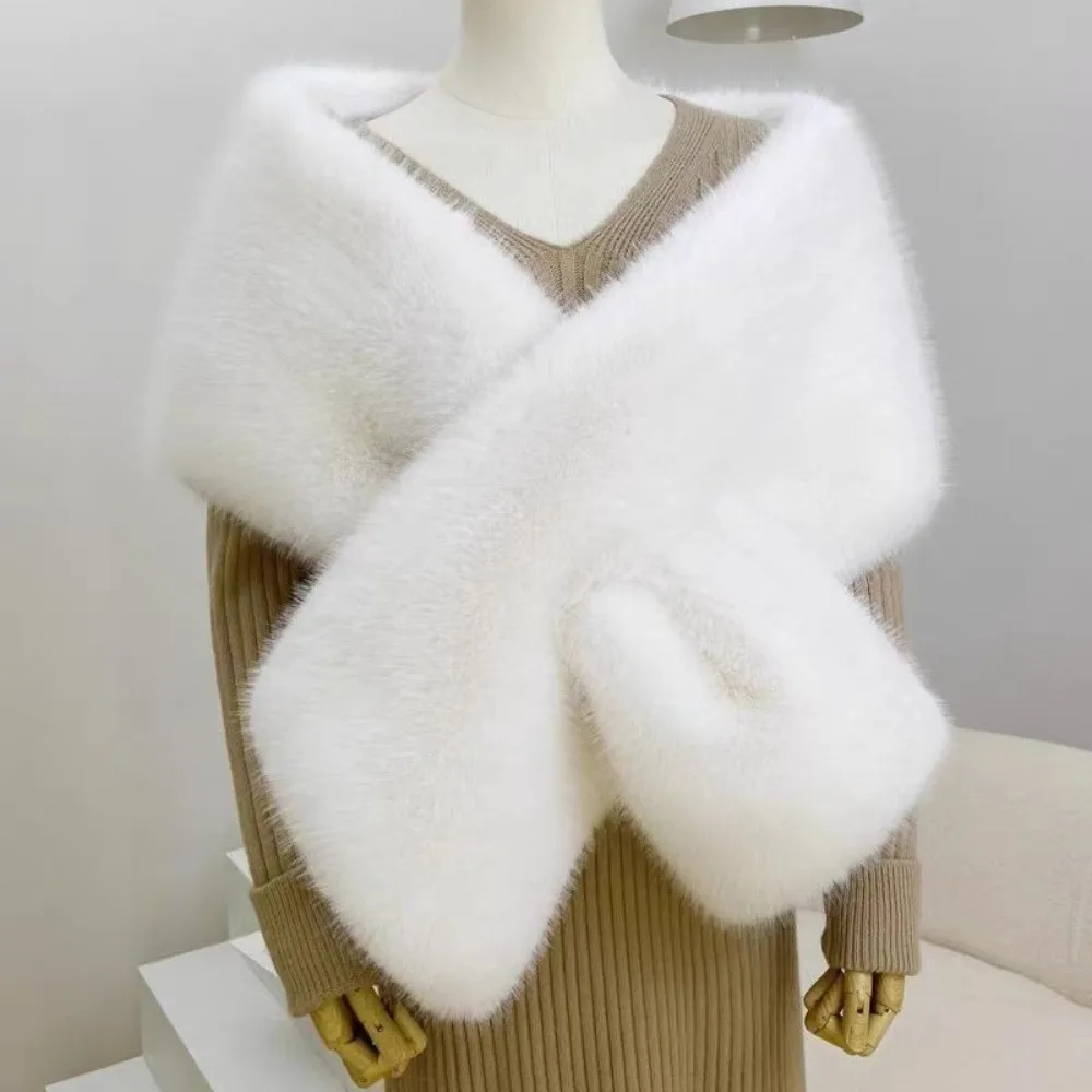 

New Faux Fur Cross Scarf Thicken Winter Warm Long Ponchos Cape Soft Windproof Evening Dress Scarf
