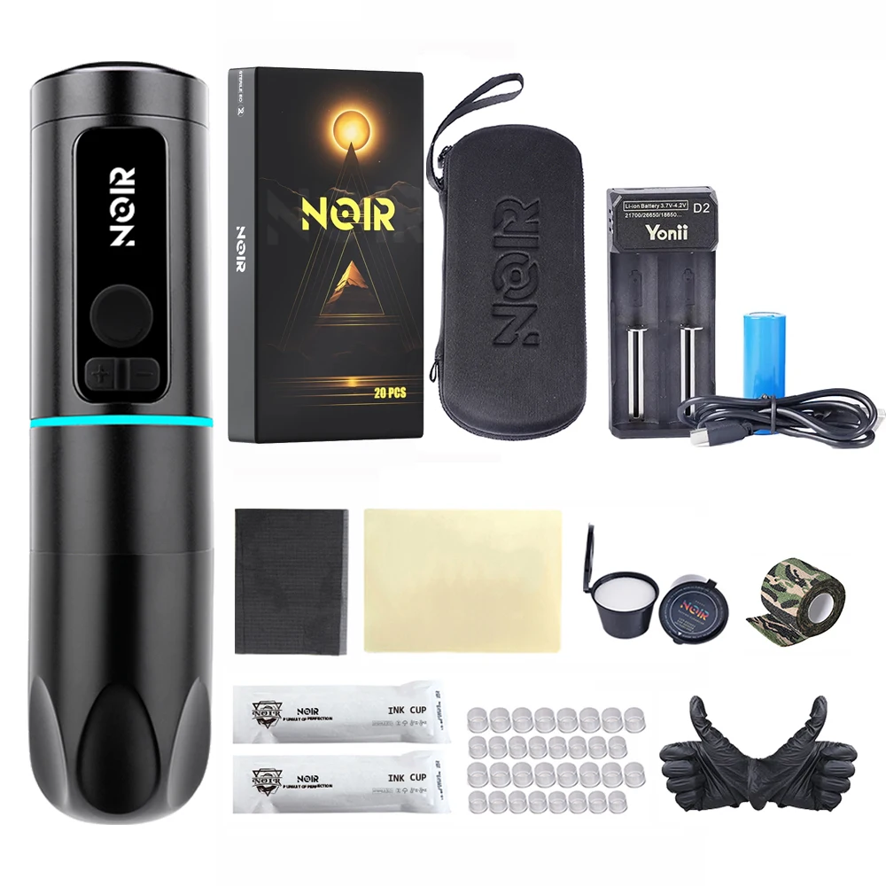 Noir Wireless Battery Tattoo Pen Set 4.0mm Stroke Permanent Makeup Machine Kits 1RL WJX Dragonhawk Cartridge Needles