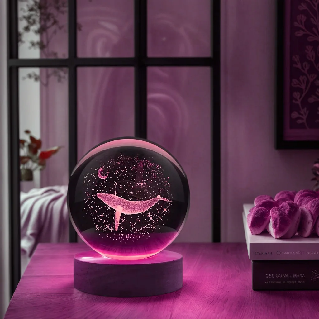 1pc 3D laser engraving ‌‌‌‌‌‌‌ moon with whale walk, crystal ball night light, modern polished glass decoration, Christmas, Hall