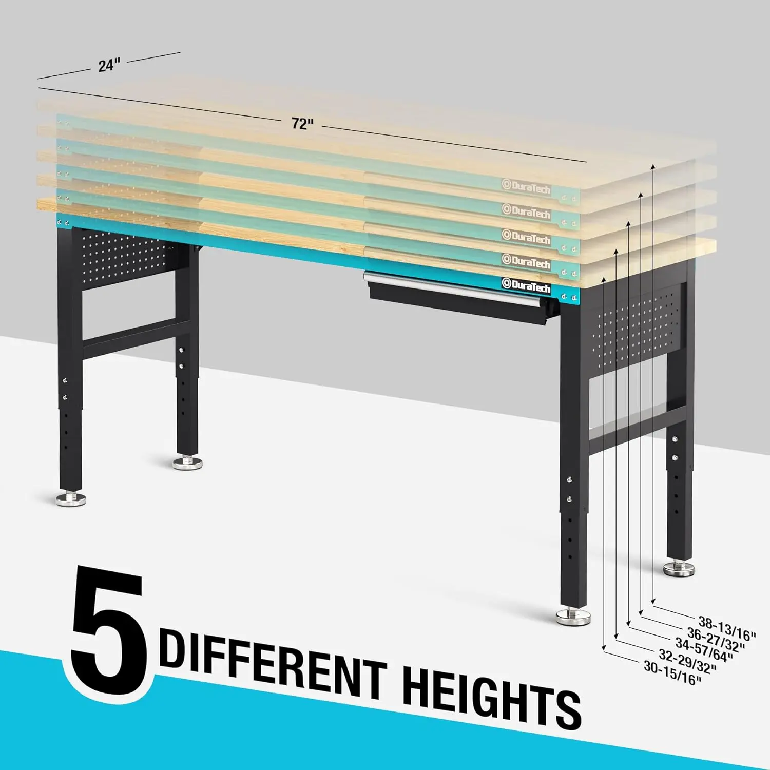 72” Adjustable Workbench Heavy-Duty Rubber Wooden Top Worktable with a Drawer 6ft Workstation with Power Strip