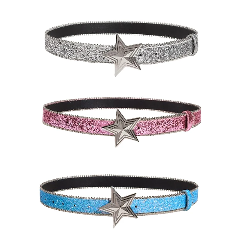 Women\'s Star Buckle Belt Y2k Luxury Bling Sequin Punk Metal Buckle Waist Strap Fashion Shiny PU Leather Waistband Jeans Belt