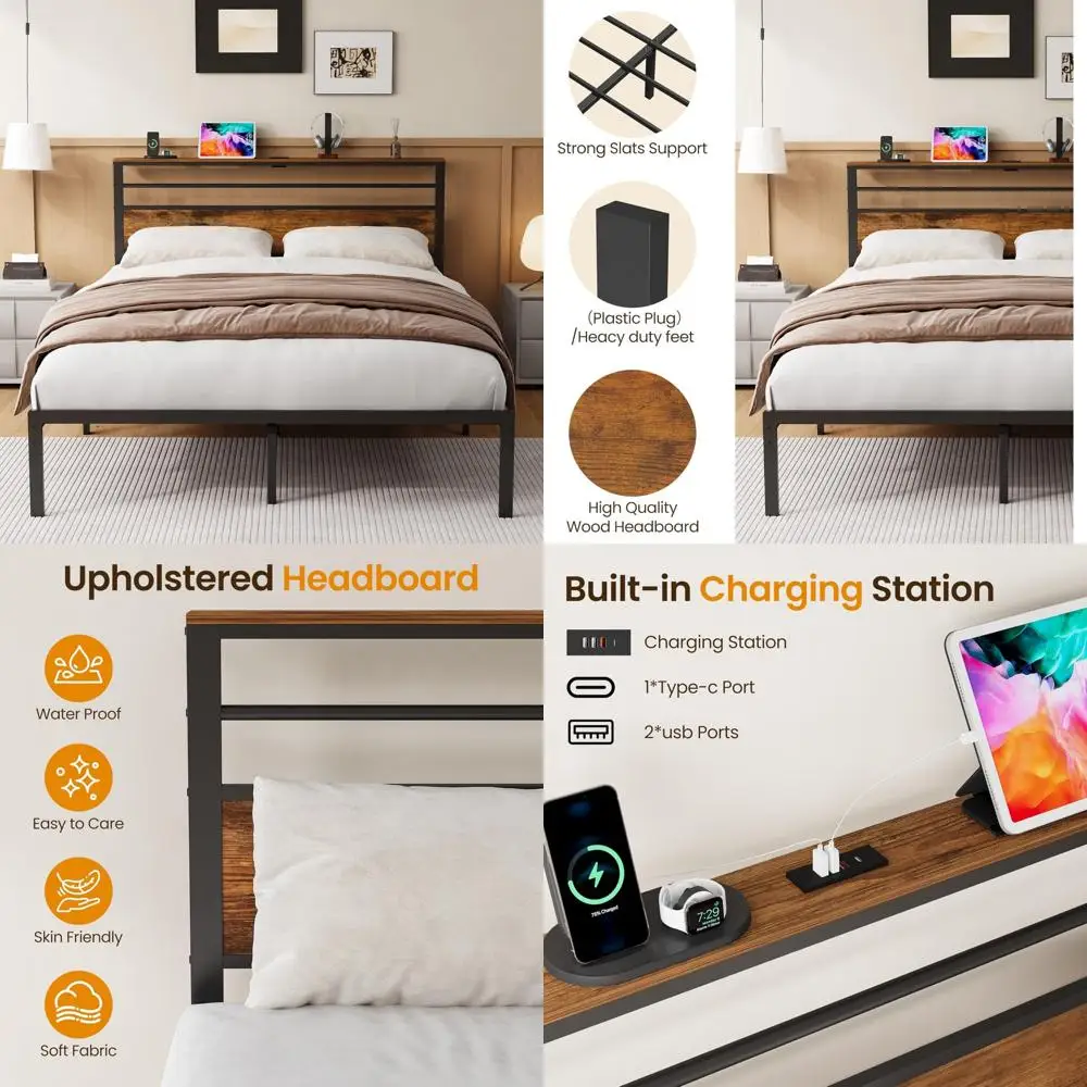 Industrial-Style Queen Bed Frame with Storage, Headboard, Footboard, Solid and Stable, Noise-Free Sleep Solution