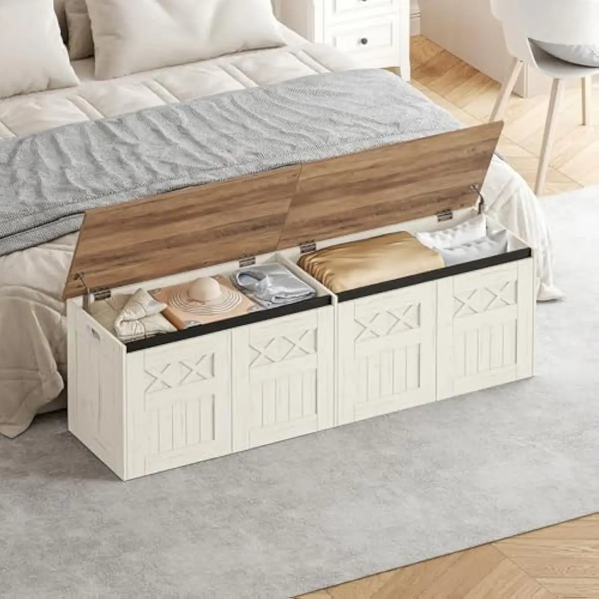 59 Inch Farmhouse Style Storage Bench with Lift Top Lid | 268 Liter Capacity | 150 Kilogram Weight Limit | Retro White Engineere