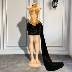 Sexy Women Cocktail Gowns High Neck Luxury Gold Crystals African Girl Black Velvet Mini Short Prom Dresses 2026 For Birthday