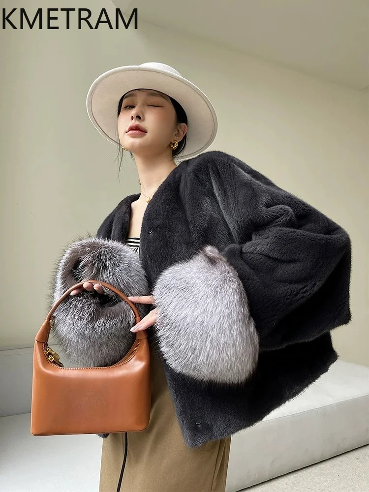 

KMETRAM Women's Natural Mink Fur Jacket Luxury Fox Fur Cuffs Short Coats V-Neck Real Fur Coat Woman Winter Clothes 2026 casaco