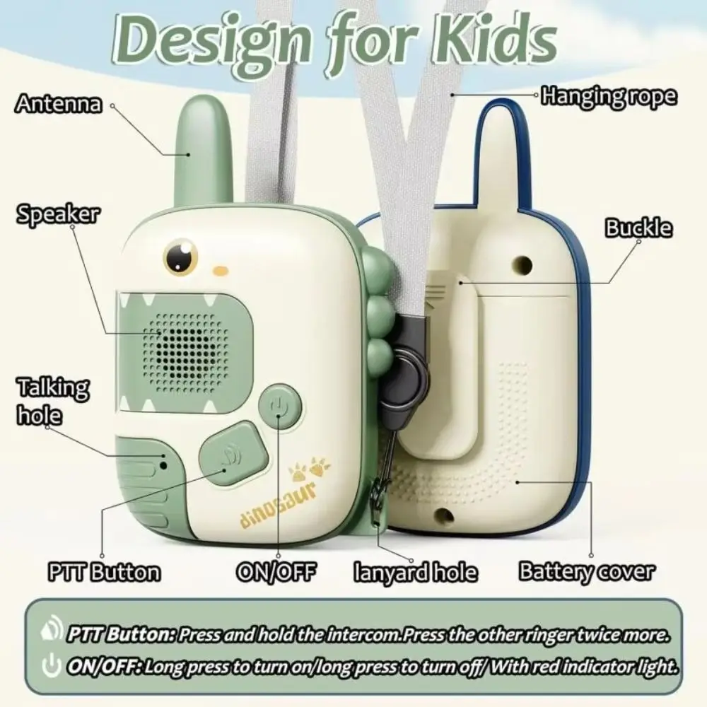 1 Pair Lovely Dinosaur Kids Walkie Talkies Wearable Lanyard One Click Call Cartoon Dinosaur Walkie Talkies Long Range