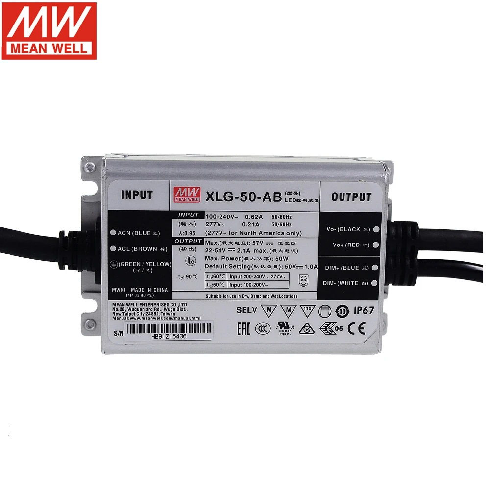 

MEAN WELL XLG-50-AB 50W Constant Power AC/DC Active PFC LED Driver 3 in1 Dimming 22~54V Switching Power Supply IP67