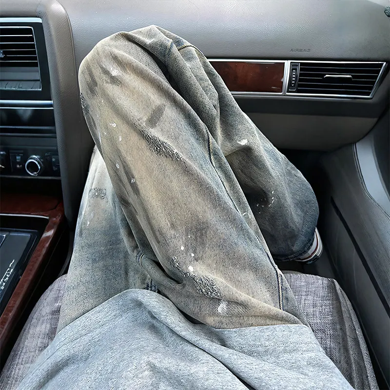 

Washed Distressed Ink Splatter Denim Jeans Men Trendy American High Street Vibe Straight Leg Knife Micro Flared Pants