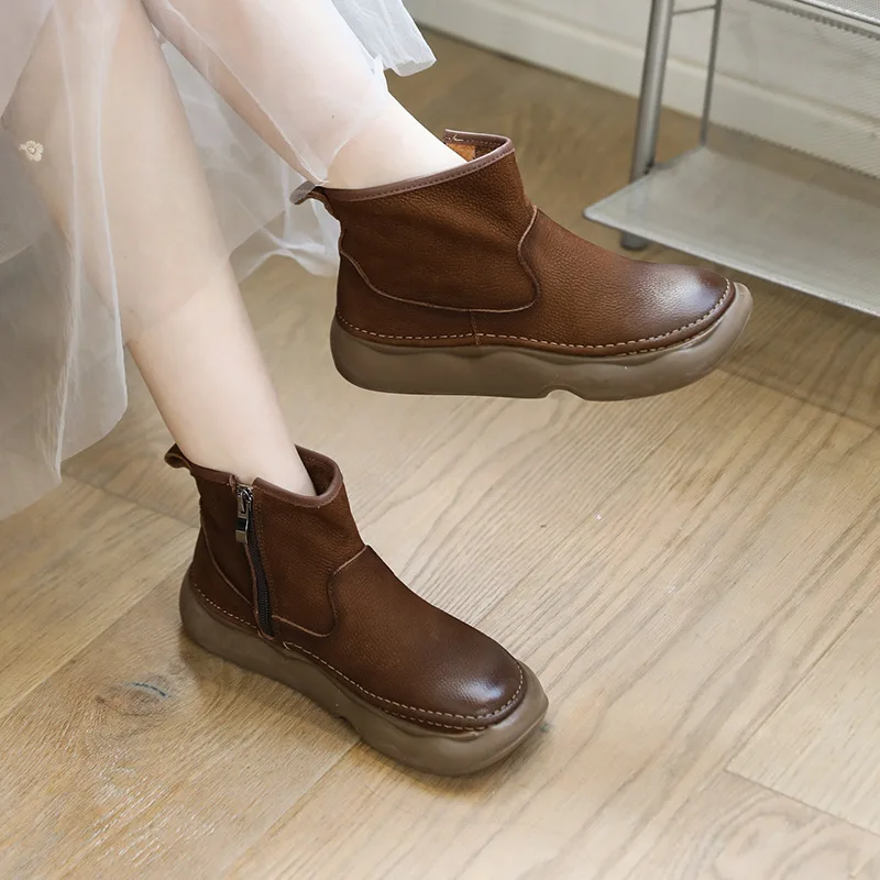 Careaymade-Genuine Leather thick soled wider toe women\'s shoes,Round Head Side Zipper Women Short Boots Wool Warm Cowhide Boots