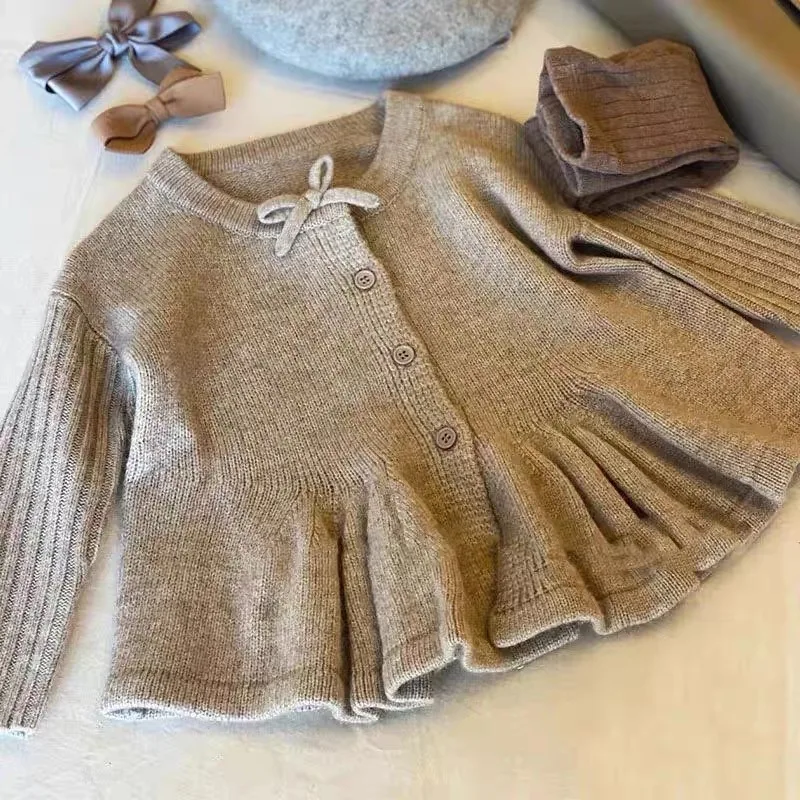 

Korean Children's Clothes Girl Sweater 2025 Spring New Fashion Girl's Knitted Cardigan Single-breasted Cute Wool Sweater Bow Top