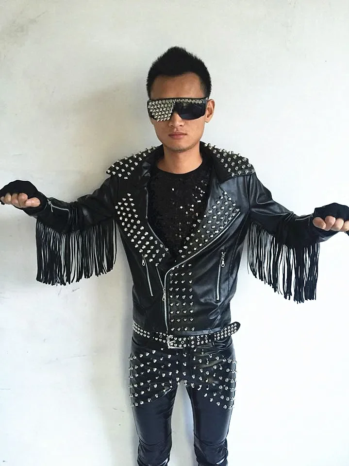 

Man Band Rock Drum Men And Women Singer DJ Adult Show Rivet Jacket Punk PU Leather Tassel Coats Tops Boys Male Show Costumes