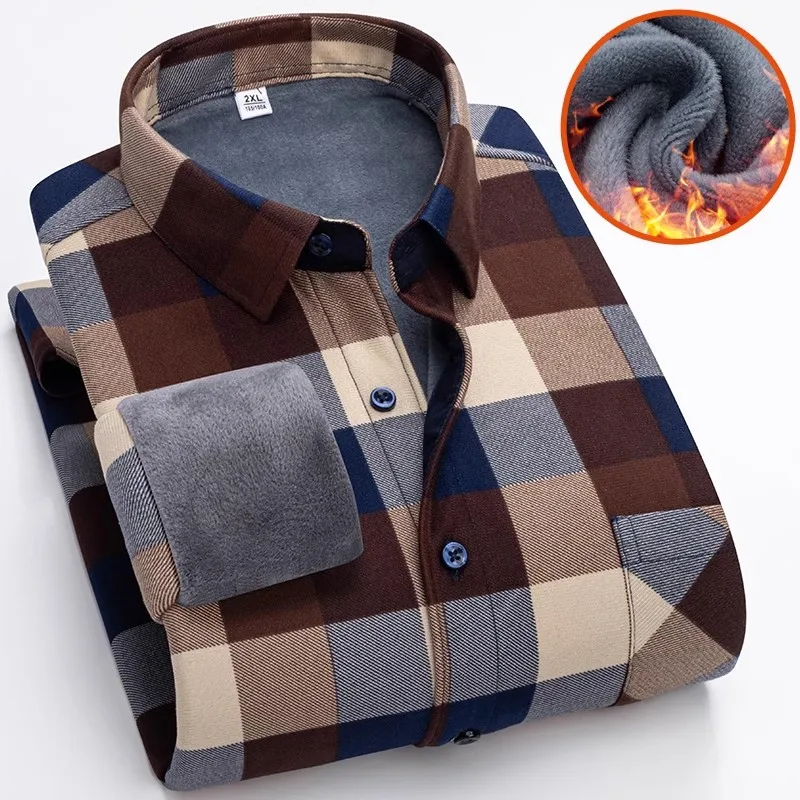 Winter New Plaid Long-sleeved Shirt Men\'s Single-breasted Square Collar Padded Shirts Fashion Slim Camisa Male Chemise L-5XL