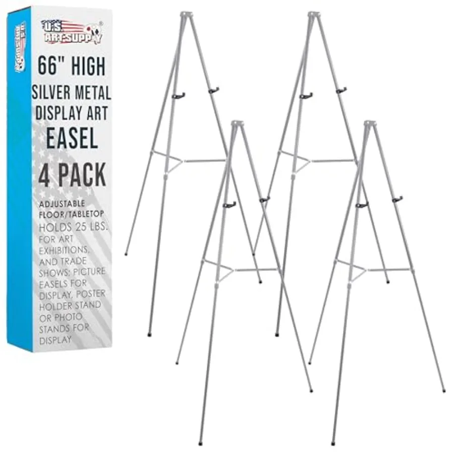 

66" High Gallery Silver Aluminum Display Easel and Presentation Stand Pack of 4 - Large Adjustable Hght Portable Floor and Tabl