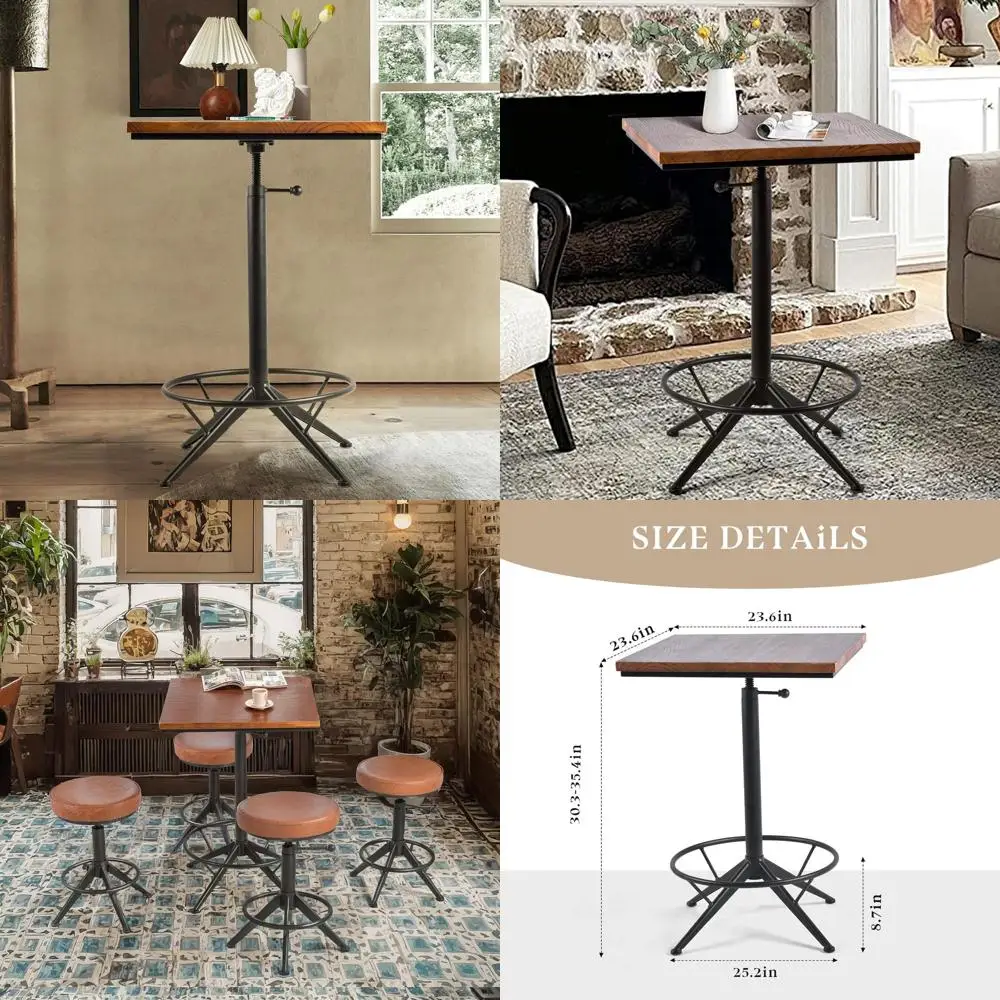 

Adjustable Height Swivel Square Wood Top Bar Table, Industrial Style, Black Rustic Brown