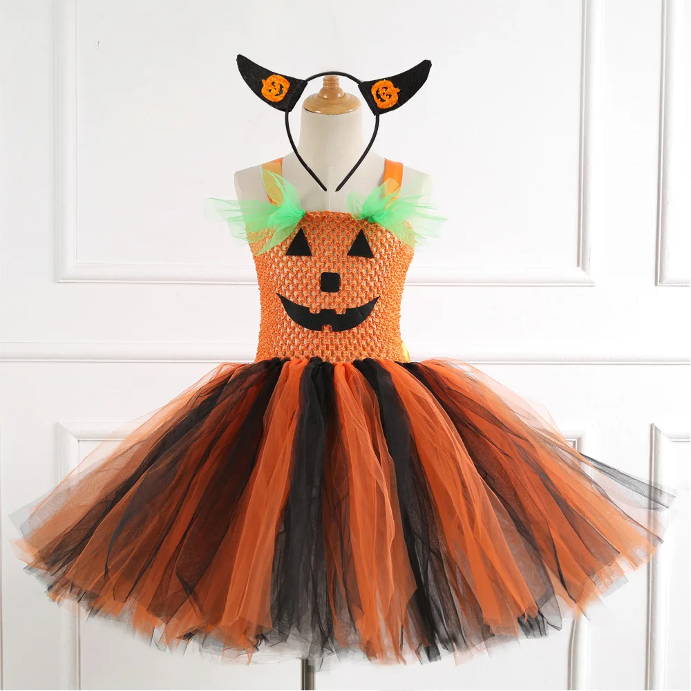 Pretty Pumpkin Dress Cosplay Costume Princess Dress Halloween Kid with Accessories